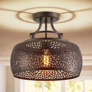 WUZUPS Chandelier Rustic Farmhouse Industrial Round Semi-flushmount Ceiling LED Light Fixture with Later-Cut Openwork Drum Shade, H 11.8" x W 13.4", Oil Rubbed Bronze, Ceiling Light, 11.8" High 13.4" Wide