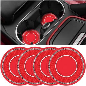 Bling Car Cup Holder Coaster, 2.75 Inch Crystal Rhinestone No Slip Anti Dust Vehicle Water Bottle Mat, Waterproof Auto Interior Drinking Pad Accessories, Universal Fit (Red/White)