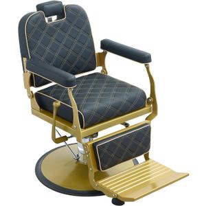 Kaleurrier Black and Gold Barber Chair: Professional Heavy Duty Recliner Salon Chair for Hair Stylist - Reclining Hydraulic Barber Shop Chairs for Home Hair Beauty Salon Massage Barbershop, Black Leather Gold Frame