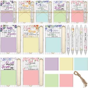 50 Set Christian Bulk Gifts for Women Wooden Sticky Note Holder Set with 50 Bible Verse Ballpoint Pens 50 Sticky Notepads 20m Ropes Floral Religious Bible Scripture Gifts for Mother's Day