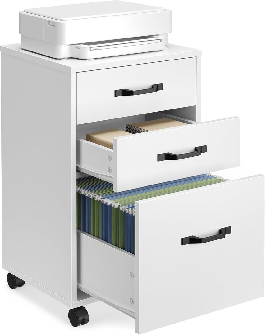 VASAGLE Mobile File Cabinet, 3 Drawers Filing Cabinet with Wheels, for Home Office, for A4, Letter Sized Documents, Adjustable Hanging Rail for File Folders, Cloud White UOFC065WB02S