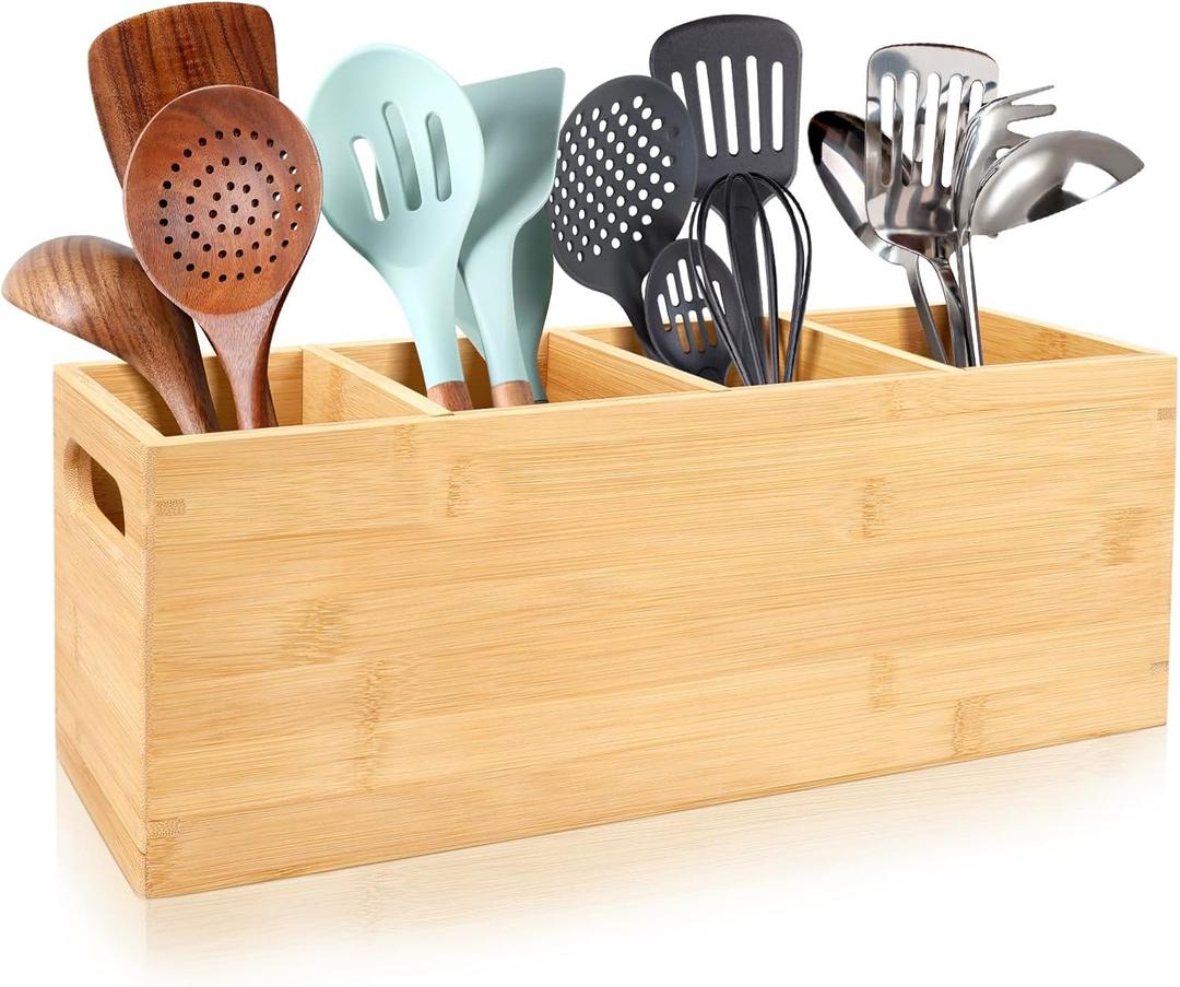 ChalkLit Bamboo Utensil Holder, Extra Large 4 Compartments Kitchen Wooden Utensil Holder Organizer for Countertop, Cooking Utensil Caddy Farmhouse Utensil Crock, Efficient Cooking Tools Storage (Natural)