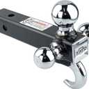 TOPTOW 64180 Trailer Receiver Hitch Triple Ball Mount with Hook, Chrome Balls, Fits for 2 inch Receiver, Hollow Shank