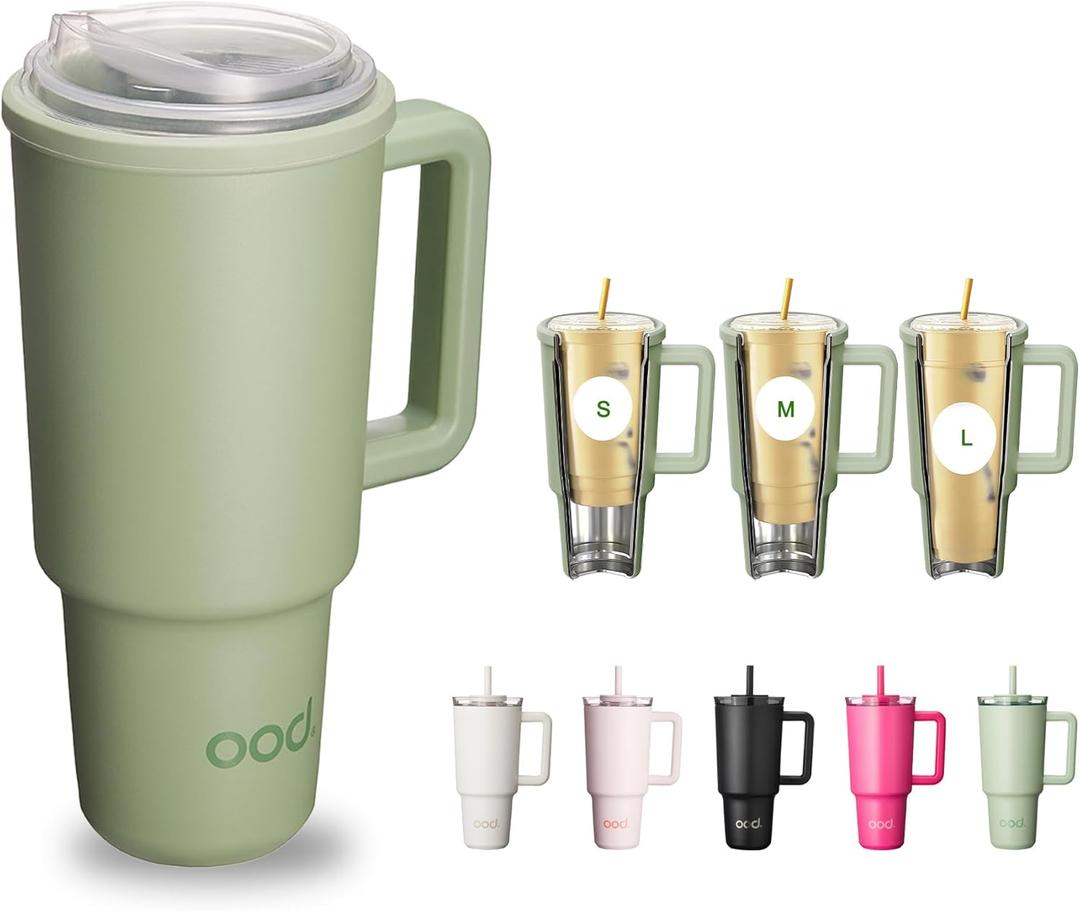 OOD OniVerso 40 oz Stainless Steel Insulated Tumbler with Handle and Straw, Iced Coffee Cup Holder for Disposable Cups, Leak Proof Tumbler, Willow Walk (Green)