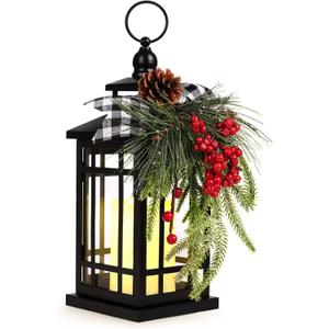 Metal Christmas Decorative Candle Lantern with Led Light,Plaid Ribbon,Lighted Hanging Vintage Lanterns for Home Decor Table Fireplace Porch Indoor Outdoor Decorations,Serpro
