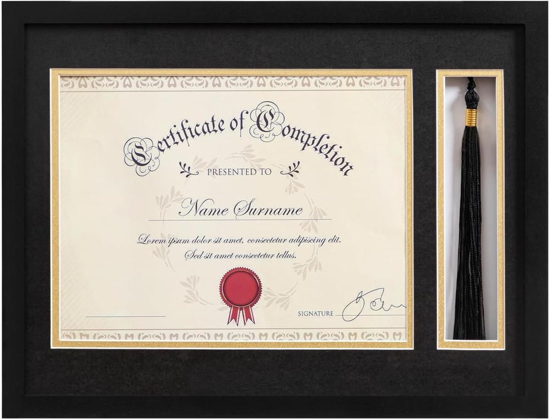 Eletecpro 12x16 Diploma Frame with Tassel Holder for 8.5x11 Document or Certificate, Degree Frame for Graduations with 2 Mats Black & Gold, Real Glass