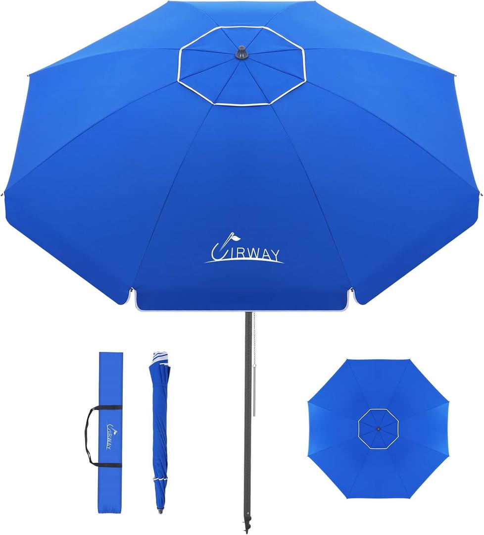 UIRWAY 8.5FT Beach Umbrella, Heavy Duty Windproof Beach Umbrella with Sand Anchor & Tilt Sun Shelter, Sun Protection Portable Beach Umbrellas with Carrying Bag for Beach, Patio Garden Outdoor