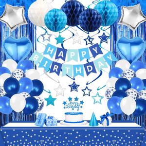 Blue White Birthday Party Decorations Supplies Happy Birthday Banner Honeycomb Balls Fringe Curtain Foil Balloons Hanging Swirls Cake Topper Tablecloth Party Supplies for Boys Men