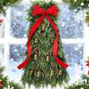 27.6" Christmas Swag for Front Door Large Christmas Teardrop Wreath with Red Bow Bells Xmas Swag Artificial Faux Pine Wreath Xmas Tree Farmhouse Decor for Winter Holiday Door Window Wall