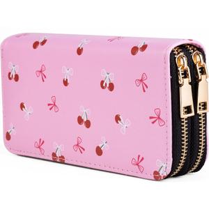 Cherry Wallets for Women Large Capacity 2 Zipper Fruit Ladies Purse Bow Credit Card Holder Pink