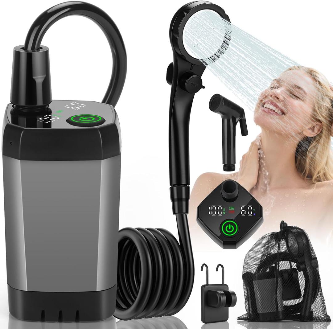 Vignuto Portable Shower For Camping, Rechargeable Camping Shower Pump With LED Display Of Battery Level And Temperature (Grey)