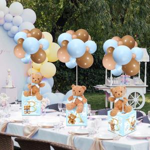 Lenwen 3 Sets Jungle Animal Decoration for Baby Shower Letter Boxes Baby Shower Table Centerpiece Stuffed Animals Balloon with Stand Plush Boxes for Party(Blue, Bear)
