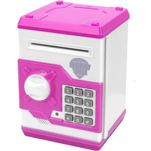 Cartoon Piggy Bank, Electronic Password Cash Coin Can Auto Scroll Paper Money Saving Box Gift for Kids (Pink)