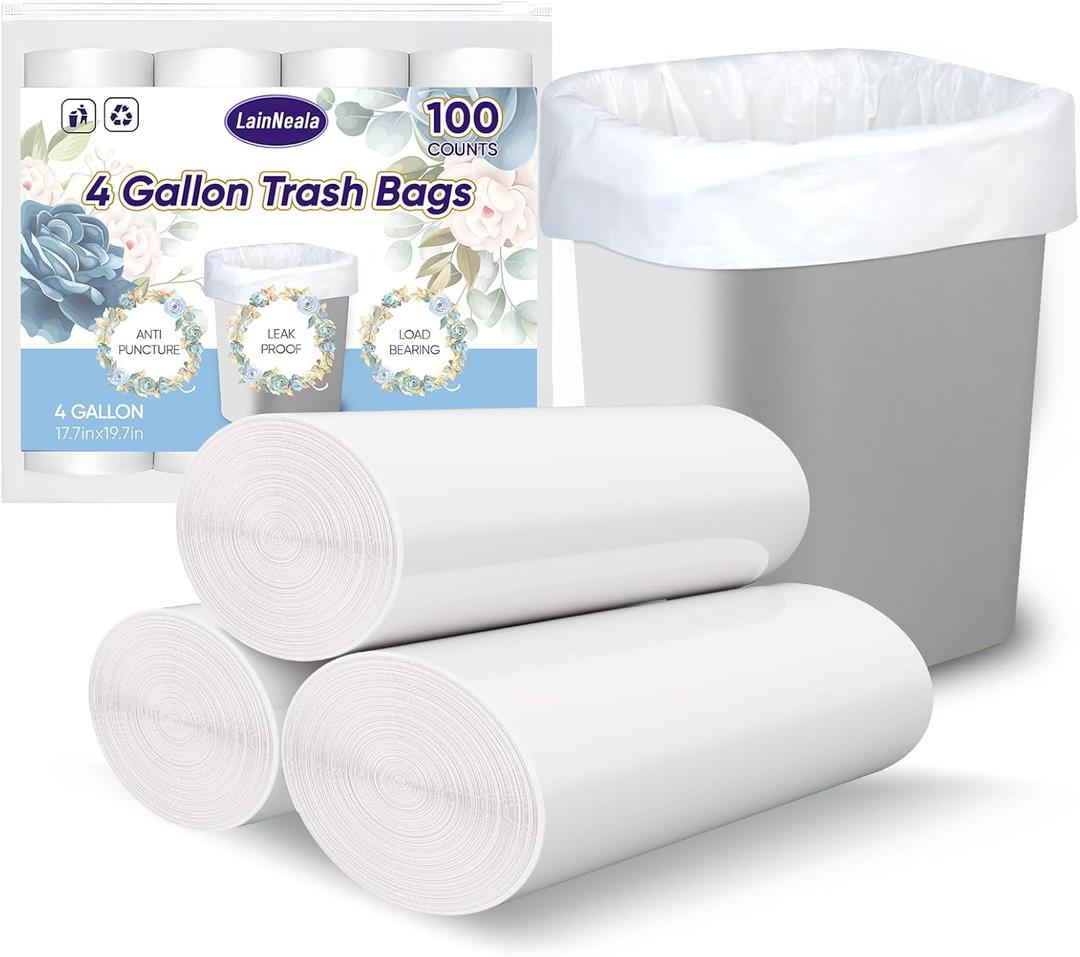 LainNeala Small TrashBags 4 Gallon, 100 Count Small Garbage Bag Bathroom White Mini TrashBag TrashCan Liners Unscented Small Garbage Bags for Bathroom Can
