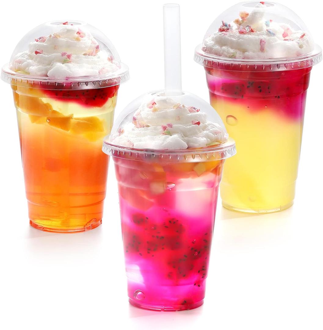 TashiBox [16oz-100set Plastic Cups with Dome lids Clear, Iced Coffee, Smoothie, Juice, Soda, Cocktail and Party Cups