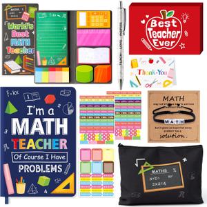 B1ykin Teacher Appreciation Gifts Set - 6pcs Best Teacher Ever Thank You Gifts with PU Notebook, Sticky Notes, Makeup Bag, Bracelet, Pen, Thank You Card for Coworkers Teachers (Math)