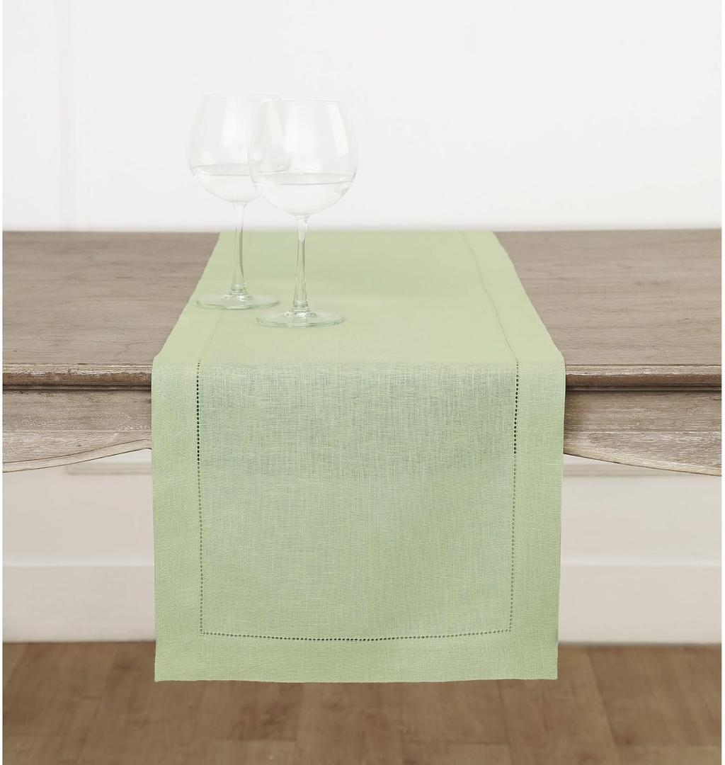 Solino Home Linen Sage Green Table Runner 72 Inches Long - 100% Pure Linen Hemstitch Table Runner 14 x 72 Inch for Dresser, Dining, Spring, Summer - Classic Hemstitch