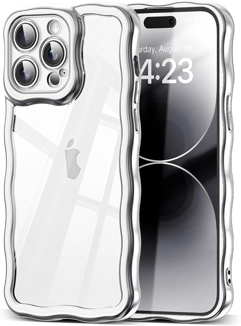 2 x SKYLMW Compatible with iPhone 14 Pro Case, Kawaii Cute Curly Wave Frame Luxury Plating Edge, Stylish Glossy Clear Back, Soft TPU Shockproof Protective Cases for iPhone 14 Pro, Sliver