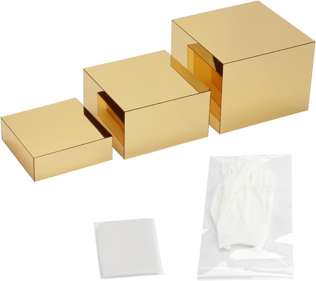 3Pcs Golden Acrylic Nesting Riser Stands for Display, Mirror Gold Acrylic Stereoscopic Cube Box Rack for Home Party Wedding Table Cover Centerpieces Craft Supplies, 8x8x6in, 7x7x4in, 6x6x2in