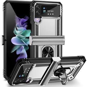 ONOLA Compatible with Samsung Galaxy Z Flip 4/3 Case with Hinge Protection and 360Rotate Ring Magnetic Kickstand Heavy Duty Protective Case for Galaxy Z Flip 3/4 (Silver)