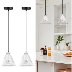 URSOLA Modern White Clear Glass Pendant Light Fixture,Small Single Nordic Island Lights,Adjustable Hanging Light for Kitchen Island Dining Room,7 Inch Shade,2-59 Inch Cord,E26 Bulb(2-Light)