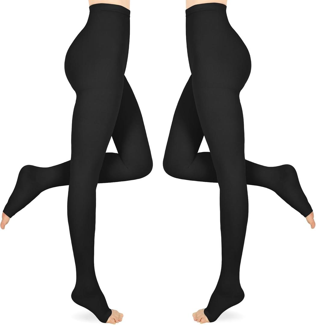 Compression Pantyhose for Women & Men 2 Pairs Open Toe 15-20mmHg Medical Graduated Compression Stockings Waist High Support Tights Opaque Leggings for Varicose Veins Edema Flight, Black L