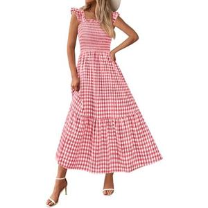 PRETTYGARDEN Womens Summer Dress Casual Square Neck Ruffle Strap Gingham Smocked Midi Flowy A Line Beach Vacation Sun Dresses, Size Large
