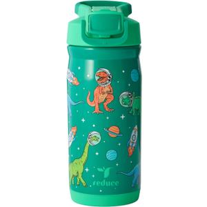 REDUCE 14 oz Hydrate Pro Stainless Steel Insulated Water Bottle - Flip Top Leak-Proof Lid, Dishwasher Safe, BPA-Free, Dual Wall Vacuum, Keeps Drinks Cold for 48 Hrs., Cup Holder Friendly - Jurassic Space