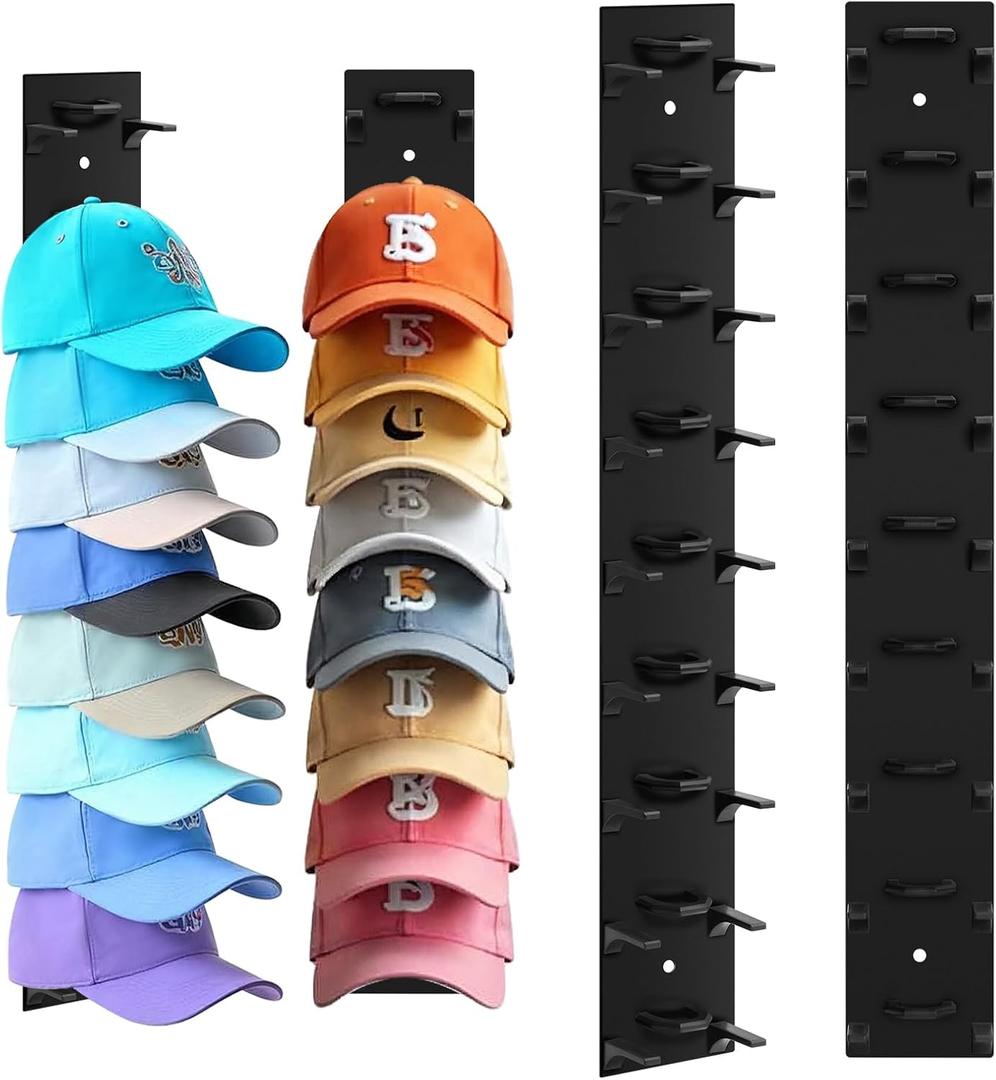 Hat Organizer for Baseball Caps, 2 Pack Black Hat Rack for Wall Hold up to 18 Hats Strong Adhesive Hat Hooks Stand Hat Hanger Organizer Storage Holder Display for Door Closet