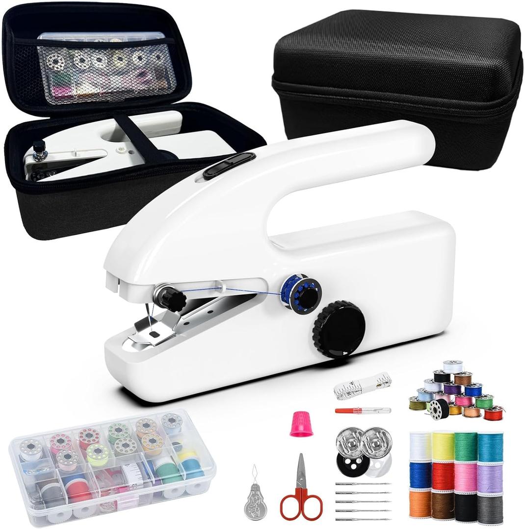 Unique sewing experience: Handheld sewing machine with storage box, portable package,mini sewing machine for travel, including various accessories and toolswhite