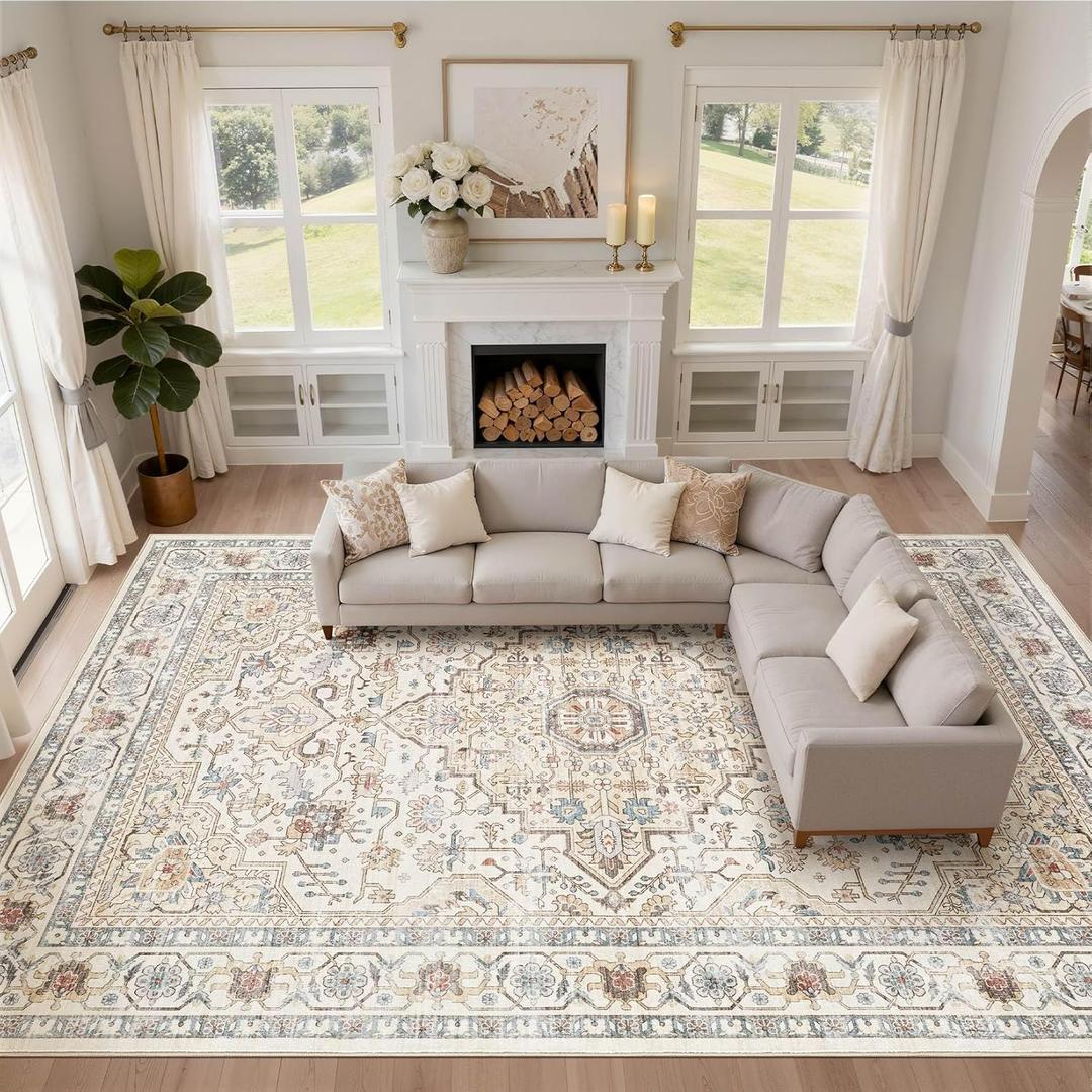 12x15 Area Rug Living Room: Washable Boho Large Neutral Vintage Soft Rug Stain Resistant Farmhouse Non Slip Indoor Floor Carpet for Bedroom Nursery Kids Playroom Office Dining Room- Cream Blue