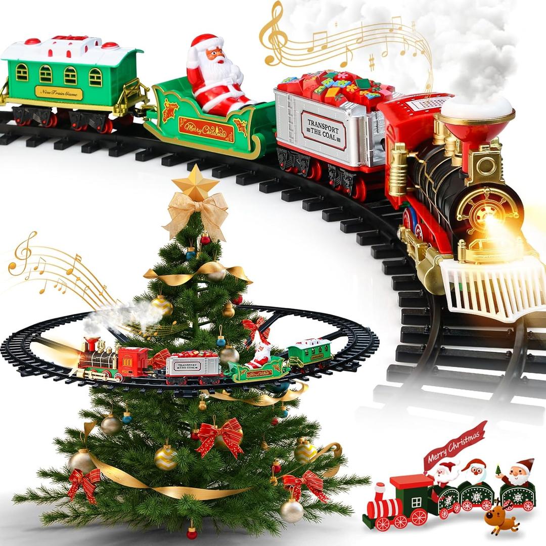 Christmas Train Set - Hanging Train Toys Around Under The Christmas Tree w/Smoke, Whistle (Turn on/Off) & Lights, Toys Decoration for 3 4 5 6 7 8+ Boys Girls