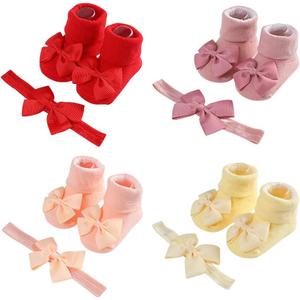 4 Sets Baby Girls Bows Headbands and Socks Nylon Hairbands Ribbon Bow for Newborns Infants Toddlers and Kids (Type 1)