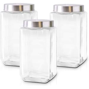 Glass Canisters for Kitchen  Set of 3 Large Food Storage Containers  70Oz Storage Jars with Stainless Steel Lids  Suitable for Snacks, Flour, Sugar, Pet Treats  Screw-On Lid