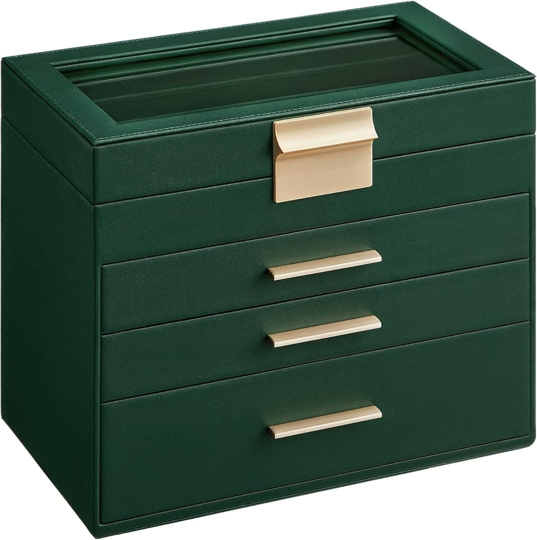 SONGMICS GISELLA Collection - Jewelry Box Organizer, 4-Layer Jewelry Storage with 3 Drawers, Shiny Metal Hardware, Glass Lid, Modern, 6 x 9.9 x 8.5 Inches, Forest Green and Gold Color UJBC161G01