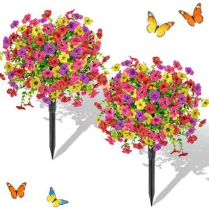 2 Pack Artificial Outdoor Plants Topiaries Fake Flowers for Outside, 21" UV Resistant Fake Bushes Ball Realistic Faux Flowers Greenery with Stakes for Front Porch, Garden, Yard (Multicolor)