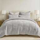 RECYCO Luxury Velvet Quilt Set Full Queen Size Bedding Sets, Ultra Soft Velvet Comforter Set, Lightweight Channel Box Stitch Oversized Bedspread Coverlet for All Season, with 2 Shams, Frost Gray (Full/Queen (88" x 92"))