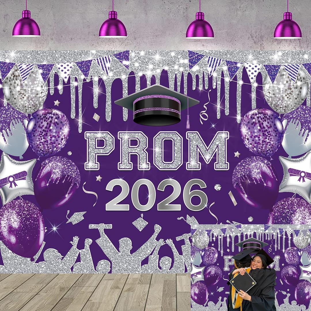 Prom 2026 Backdrop 7x5FT Purple Black Congrats Grad Graduation Photography Background for Outdoor Indoor Prom Party Decorations Banner Purple, 82x59 inch