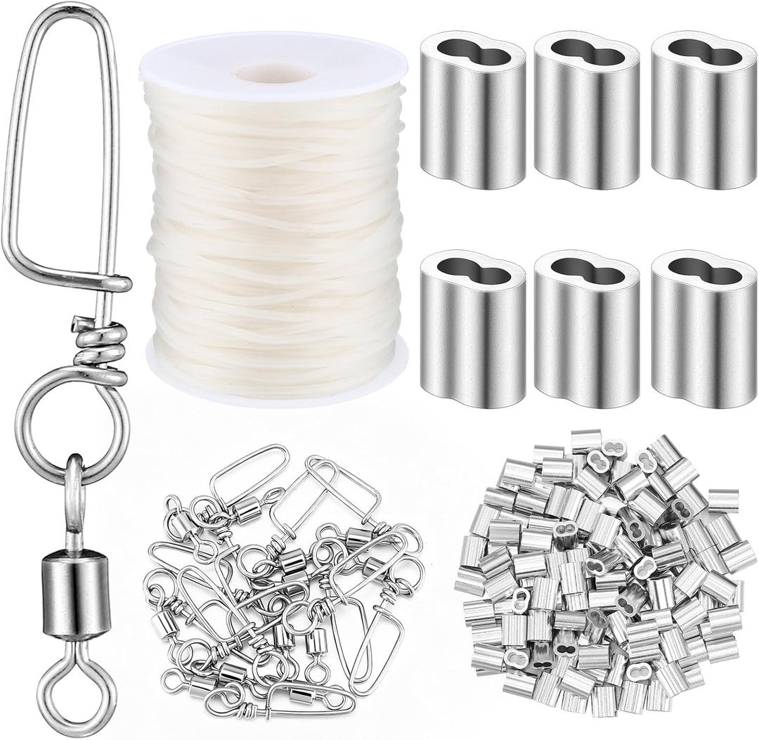 Decoy Crimp Swivel Snap PVC Decoy Cord Line Set, 60 Pcs Aluminum Crimps for Duck Goose 30 Pcs Snap Swivels Ball Bearing Fishing Swivels for Freshwater Fishing Hunting Trap (Silver)