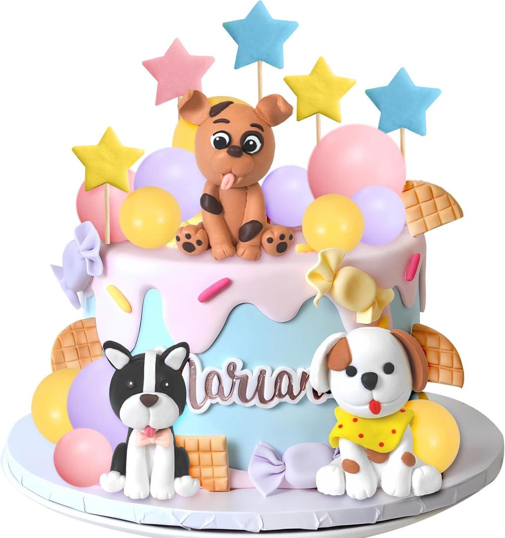 Dog Cake Topper Clay Figurines - Puppy Star Yellow Pink Purple Ball Cake Topper for Dog Theme Birthday Cake Decorations (Style 01)