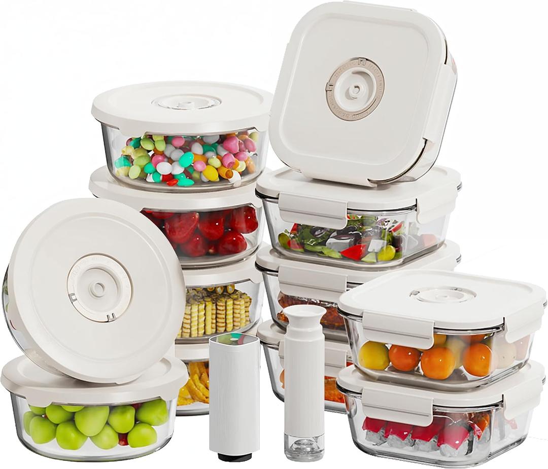 HOLDN STORAGE Vacuum Food Storage Containers, Set of 12 Glass Containers with Electronic & Manual Pump - Keep Food Fresh Longer, BPA-Free Glass, Leak-Proof, Ideal for Meal Prep, Marinating, Set of 12 Mix: Electronic & Manual Pump