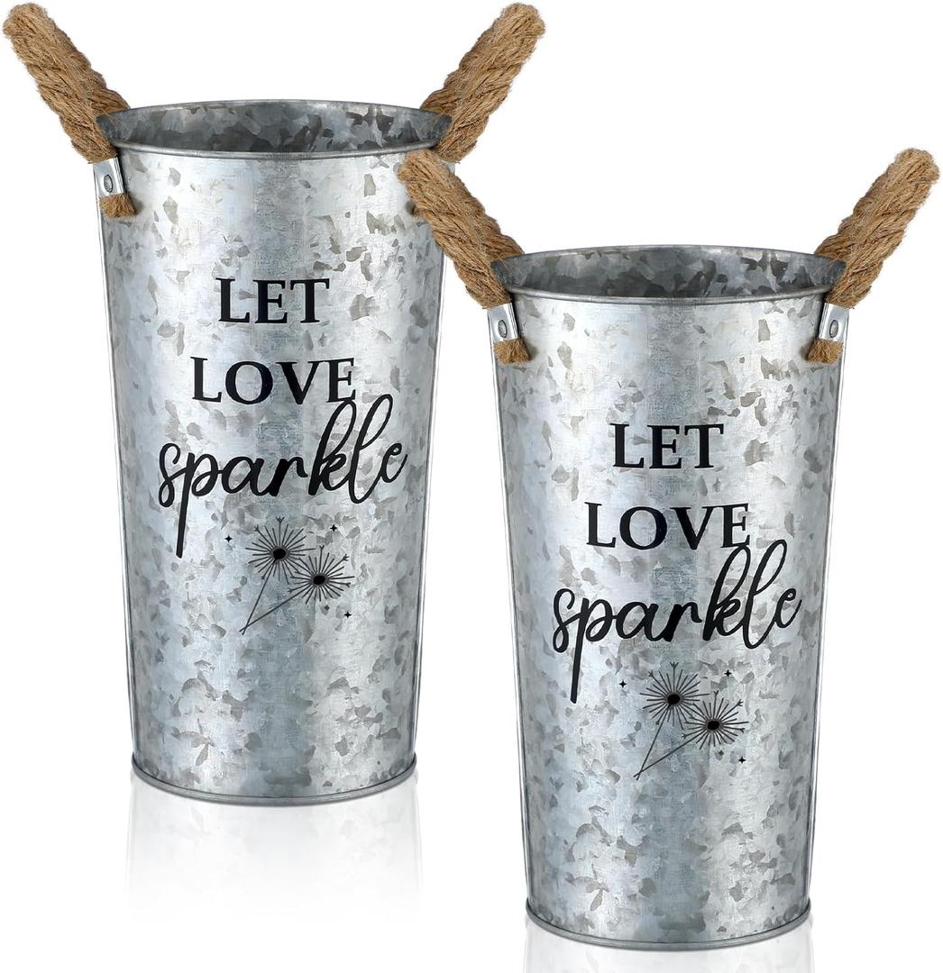 2 Pcs Wedding Sparklers Galvanized Metal Buckets 9.8 Inch Let Love Sparkle Sparklers Wedding Send Off Buckets for Anniversary Engagement Bridal Shower, Excluded Sparkler(Classic Style)