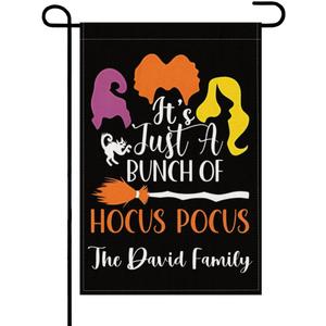 Personalized It's Just A Bunch of Hocus Pocus Garden Flag 12x18 Inch Vertical Double Sided Custom Name Halloween Witch Burlap Yard Flag Holiday Seasonal Outdoor Decoration