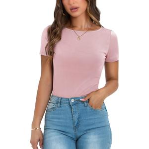 DOROSE Womens Crewneck Tops Short Sleeve Shirts Slim Fit Basic Tees (Large, Pink)
