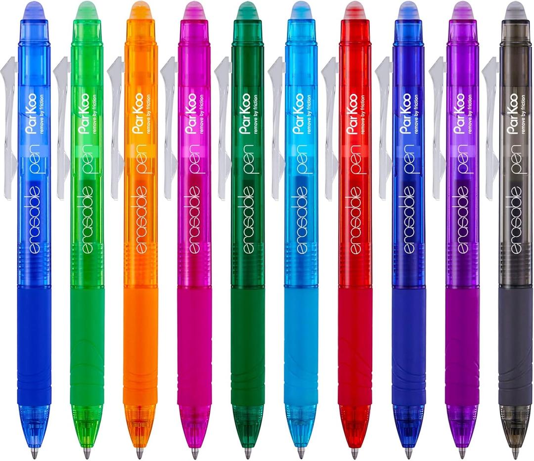 ParKoo Retractable Erasable Gel Pens Clicker, Fine Point 0.7mm, Assorted Color Inks for Drawing Writing, 10-Pack
