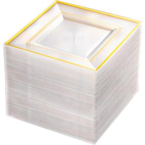 bUCLA 100PCS Clear Gold Plastic Square Plates - 6 Inch Clear Disposable Dessert/Cake Plates with Gold Trim - Ideal for Weddings,Birthday&Party