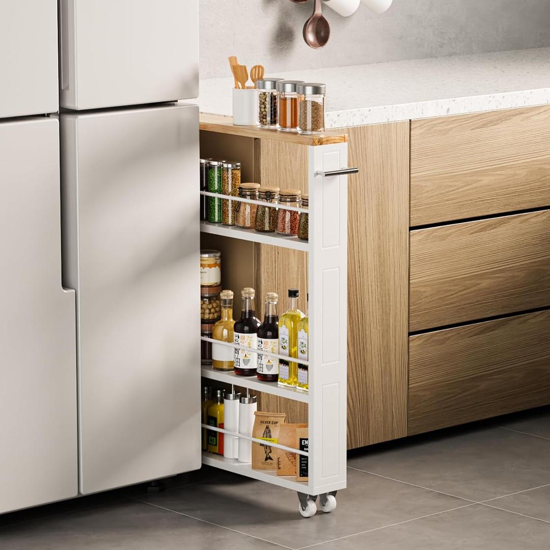 KLM 4 Tier White Slim Storage Cart with Handle, Slide Out Storage Rolling Utility Cart for Kitchen, Laundry, Narrow Places,  23.62"D x 3.93"W x 34"H