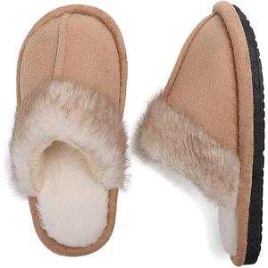EQW Kids Slippers for Girls Boys - Warm Memory Foam Non-Slip House Shoes, Soft Plush Indoor Outdoor Bedroom Slides Size 4 Khaki
