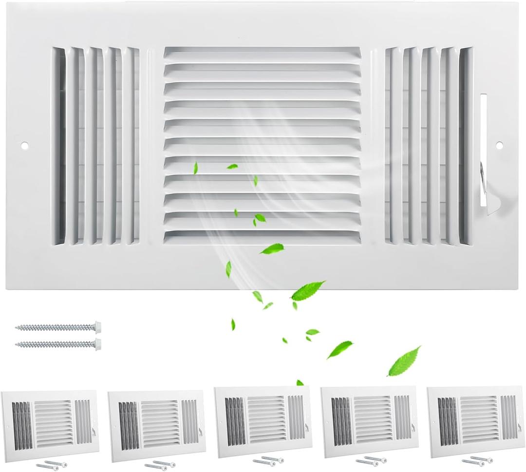 VIHOSE 6 Pcs Vent Covers 12 x 6 Inch HVAC Sidewall Air Ceiling Register 3 Way Vents for Wall Solid Steel Manual Adjuster for Bathroom Toilet Home Office(White)