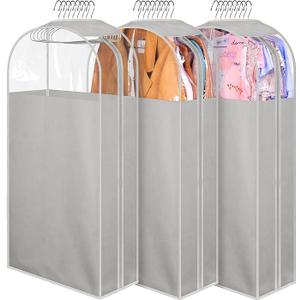 MISSLO 10" Gusseted Garment Bags for Hanging Clothes 40" Clear Suit Bags for Closet Storage Suits Cover Coat Protector, 3 Packs, Grey, Fabric 